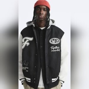 Zara Black and White Varsity Jacket with Gray Hood